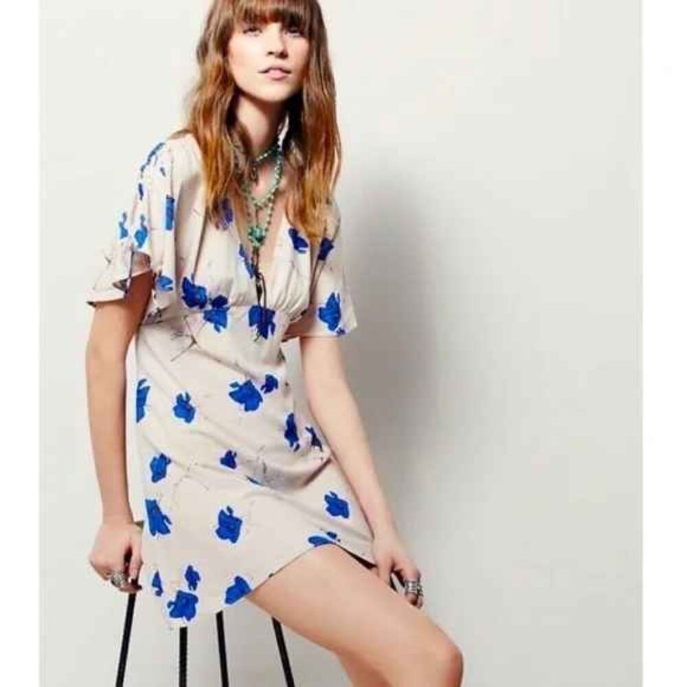 Free People Cream and Blue Floral Mini Dress